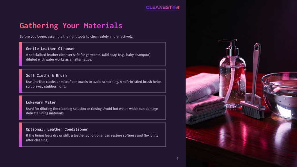 Cleanestor Logo At The Top. Image Shows A Dark, Moody Scene With Cleaning Supplies For Leather. A Clear Bottle Of Cleaning Solution With A Pump Dispenser, A Stack Of Folded Grey Microfiber Cloths, A Soft-Bristled Brush, And A Glass Bowl Filled With Clear Water Are Arranged On A Dark Surface With Red Lighting.