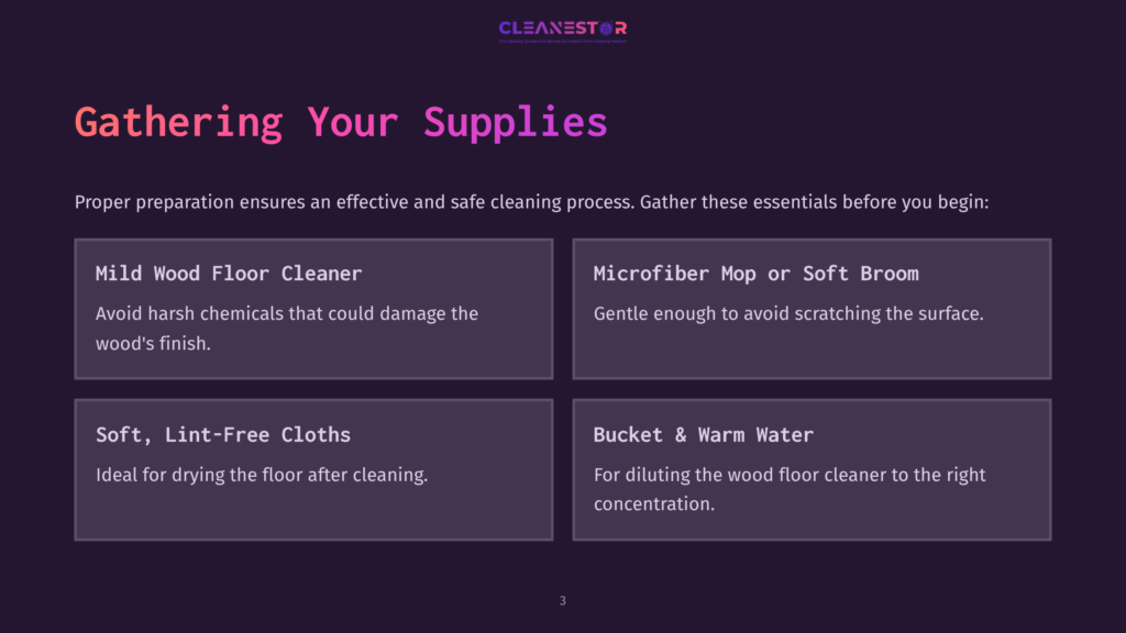 Supplies For Cleaning Cherry Hardwood Floors: Mild Floor Cleaner, Microfiber Mop, Lint-Free Cloths, And A Bucket With Warm Water.