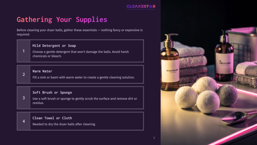 Supplies For Cleaning Dryer Balls: Mild Detergent, Warm Water, A Soft Brush, And A Clean Towel, Arranged On A Purple Background.