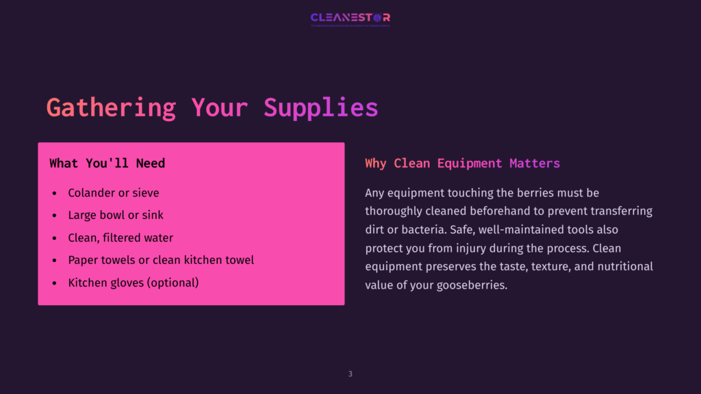 A Slide Titled &Quot;Gathering Your Supplies&Quot; Lists Items For Cleaning Gooseberries: Colander, Bowl, Sink, Paper Towels, And Optional Kitchen Gloves. The Right Side Emphasizes Why Clean Equipment Matters For Berry Hygiene And Safety.