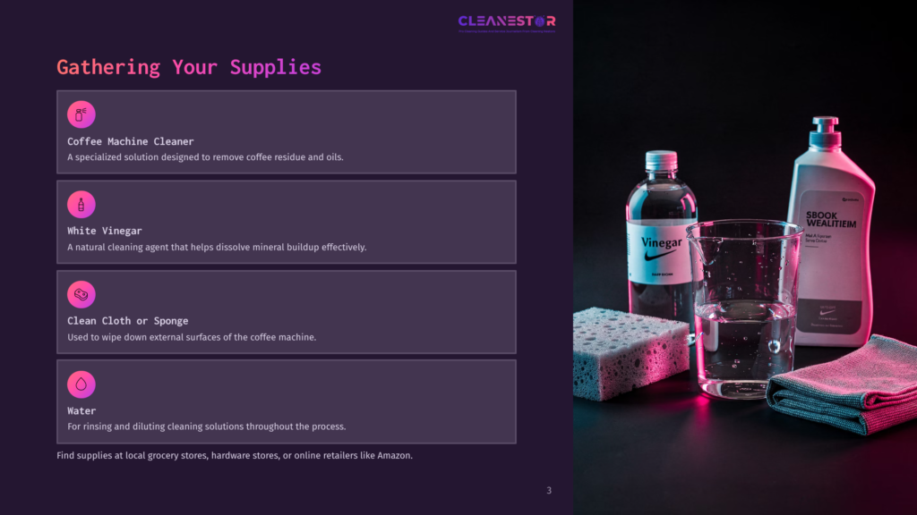 A Cleaning Scene With A Bottle Of White Vinegar And A Sponge Next To A Glass Of Water, With A Bottle Of Coffee Machine Cleaner In The Background. The Image Is Lit With Pink And Blue Lighting.