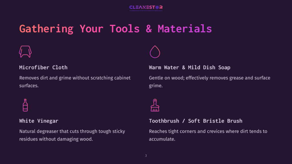 List Of Cleaning Tools And Materials For Wood Cabinets, Featuring A Microfiber Cloth, Vinegar, And A Toothbrush On A Dark Background.