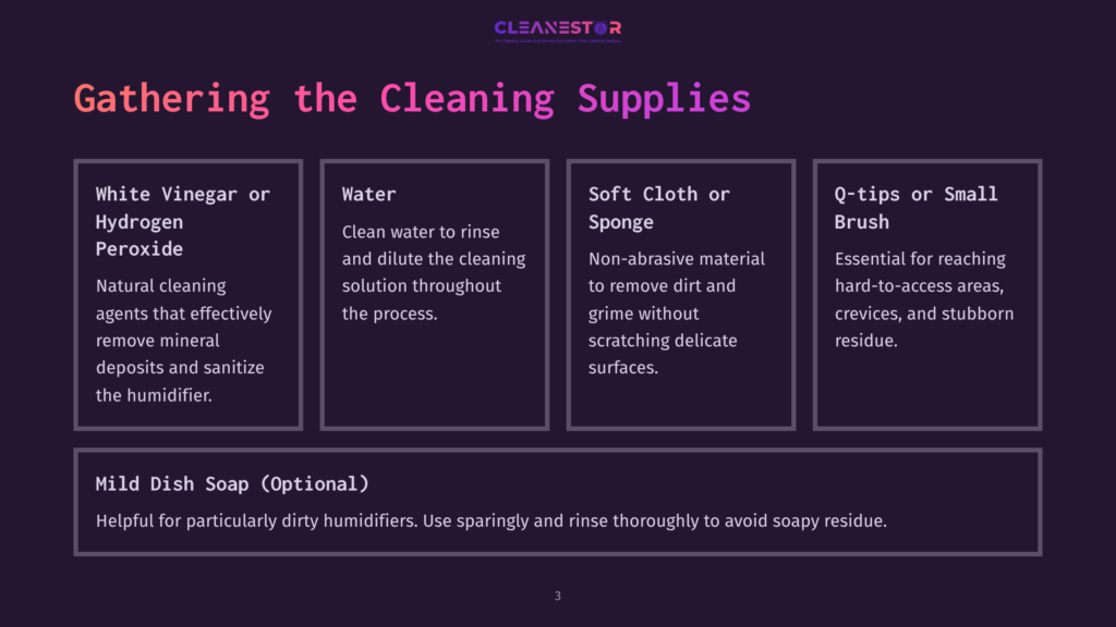 Four Items Are Displayed On A Dark Purple Background: Water, Vinegar, A Soft Cloth, And Dish Soap, With Brief Cleaning Instructions For Each.