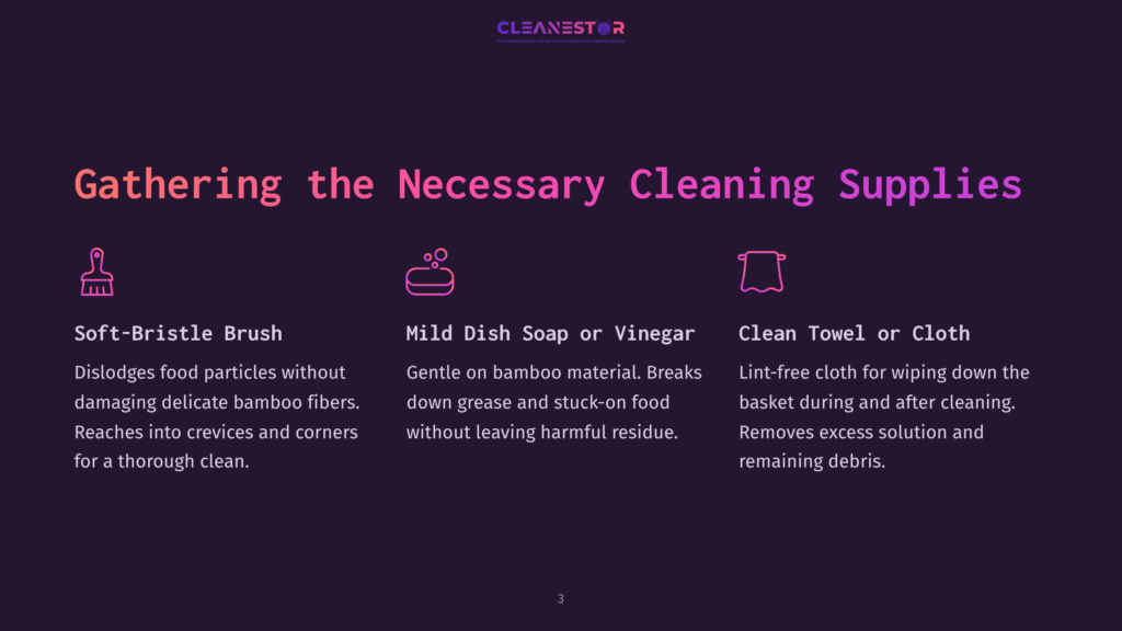 Text On A Dark Background Highlights Cleaning Supplies For A Bamboo Steamer: A Brush, Dish Soap, And A Towel, With Brief Descriptions.