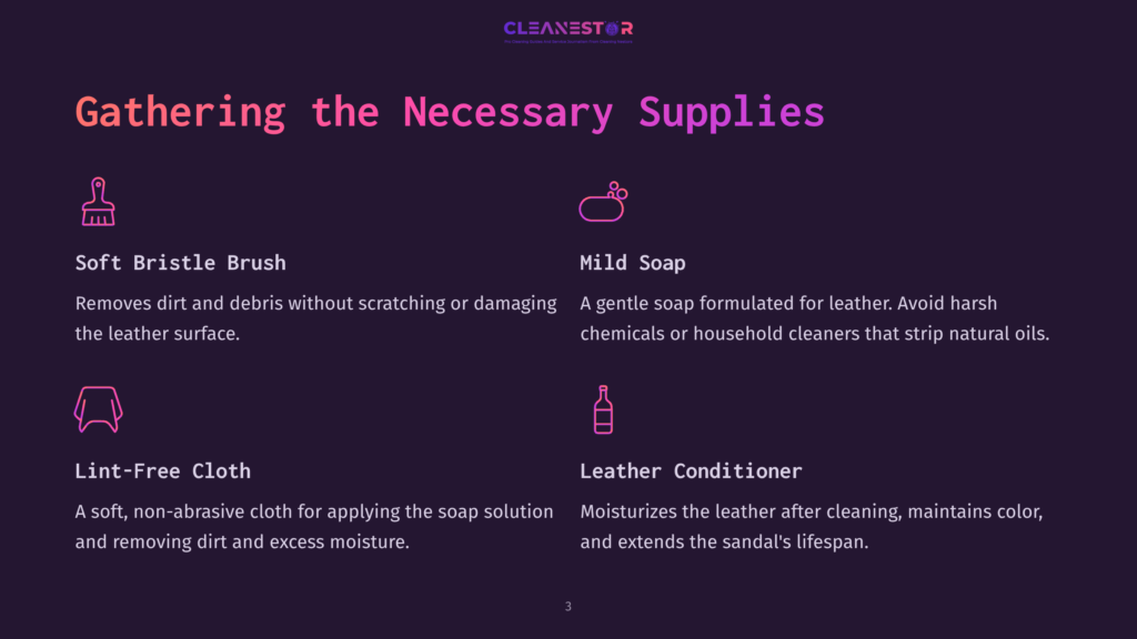 Supplies For Cleaning Leather Sandals: A Soft Brush, Mild Soap, A Lint-Free Cloth, And Leather Conditioner On A Dark Background.