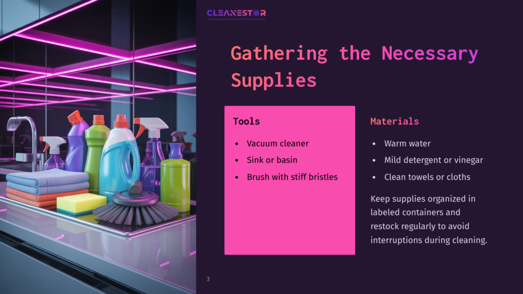 Colorful Cleaning Supplies, Including Bottles And A Mop, Arranged On A Shelf With Purple Neon Accents, Alongside A List Of Tools And Materials.