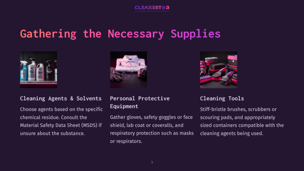 A Layout Featuring Three Sections: Cleaning Agents In Purple Containers, Personal Protective Equipment Like Gloves And Goggles, And Cleaning Tools Including Brushes, All On A Dark Background.
