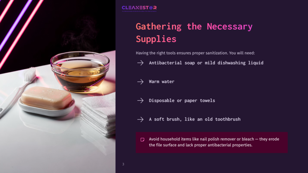 A Bowl Of Warm Water Next To A Stack Of Paper Towels And A Soft Toothbrush On A Purple Background, With Text Highlighting Cleaning Supplies.