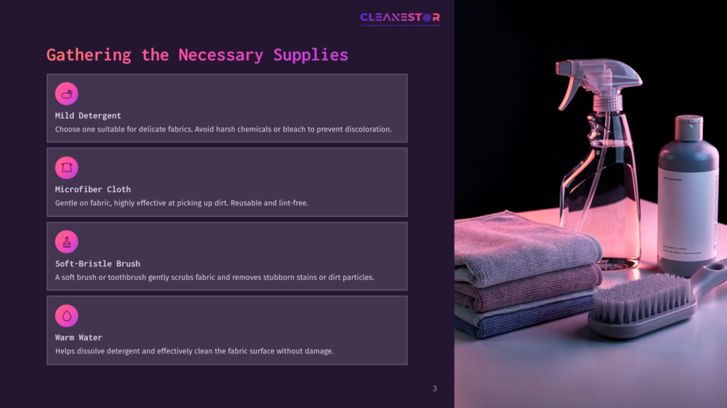 Cleaning Supplies Neatly Arranged: A Spray Bottle, A Bottle Of Cleaning Solution, A Stack Of Folded Microfiber Cloths In Shades Of Pink And Grey, And A Soft-Bristle Brush. The Background Is Dark And Out Of Focus.