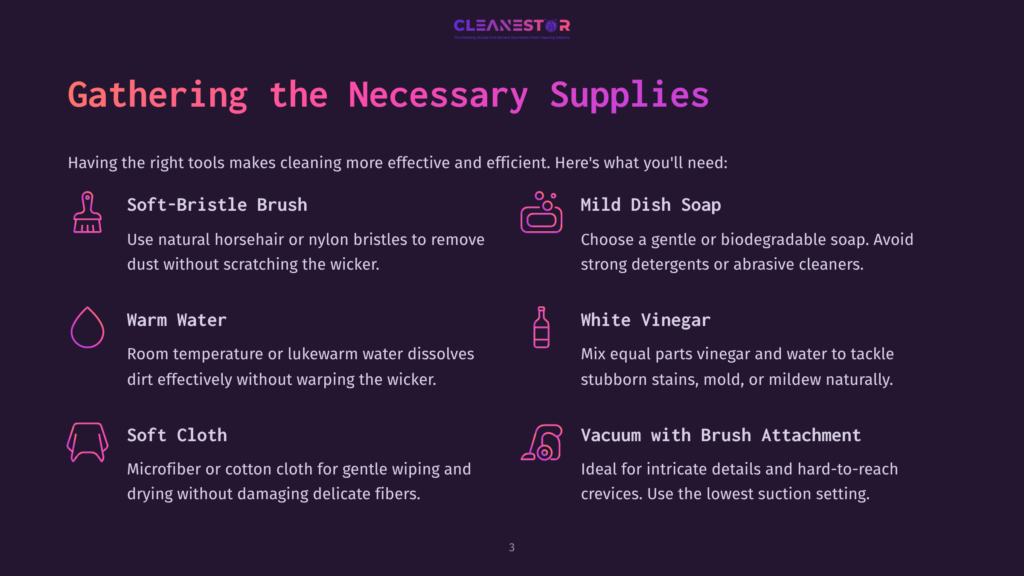 Cleanestor Logo At The Top Of A Dark Purple Background With The Title &Quot;Gathering The Necessary Supplies&Quot; And Icons For Soft-Bristle Brush, Mild Dish Soap, Warm Water, White Vinegar, Soft Cloth, And Vacuum With Brush Attachment.