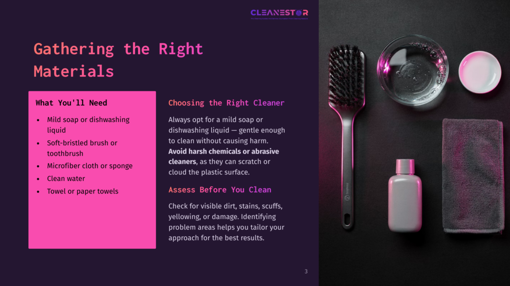 Flat Lay Of Cleaning Materials: A Mild Soap Bottle, A Dishwashing Sponge, A Brush, A Glass Of Water, And A Towel On A Dark Background.