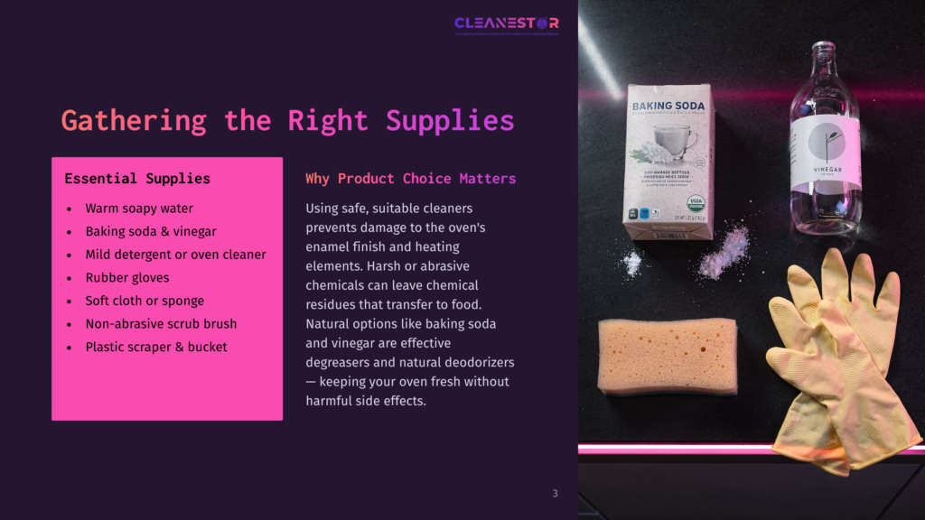 Gathering The Right Supplies For Cleaning: A Bottle Of Vinegar, Baking Soda, Yellow Rubber Gloves, And A Sponge Are Laid Out On A Dark Background.