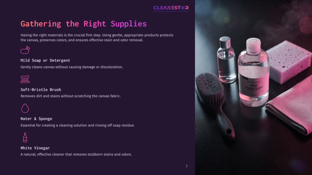 3 Gathering The Right Supplies 2 Cleaning Supplies For Canvas: M.d. Liquid Soap, A Soft-Bristle Brush, A Small Bottle, A Sponge, And A Microfiber Cloth Are Arranged On A Dark Surface.