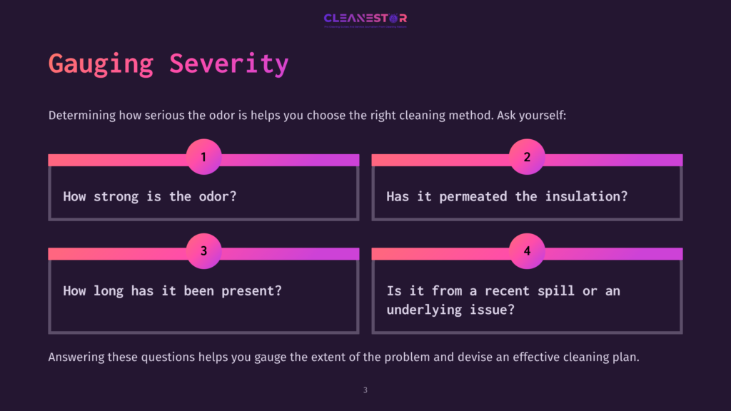 Four Purple And Pink Boxes With White Text Feature Questions About Odor Severity In A Cooler, Set Against A Dark Background.