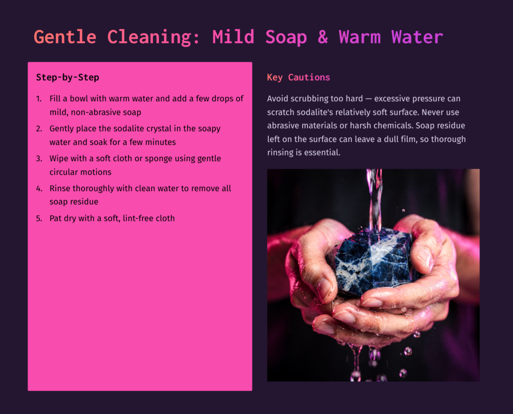 3 Gentle Cleaning Mild Soap And Warm Water Hands Gently Rinsing A Rough, Blue And White Sodalite Crystal Under A Stream Of Clear Water, Demonstrating Gentle Cleaning Methods For Minerals.