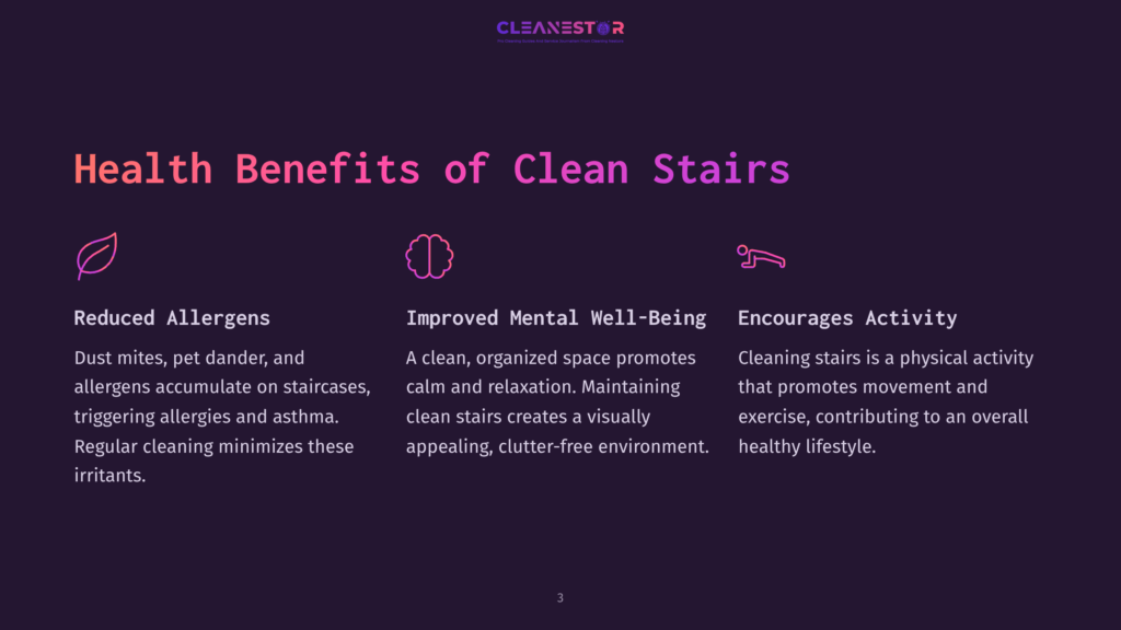 Text On A Dark Purple Background Detailing Health Benefits Of Clean Stairs, With Sections For Allergens, Mental Well-Being, And Activity.