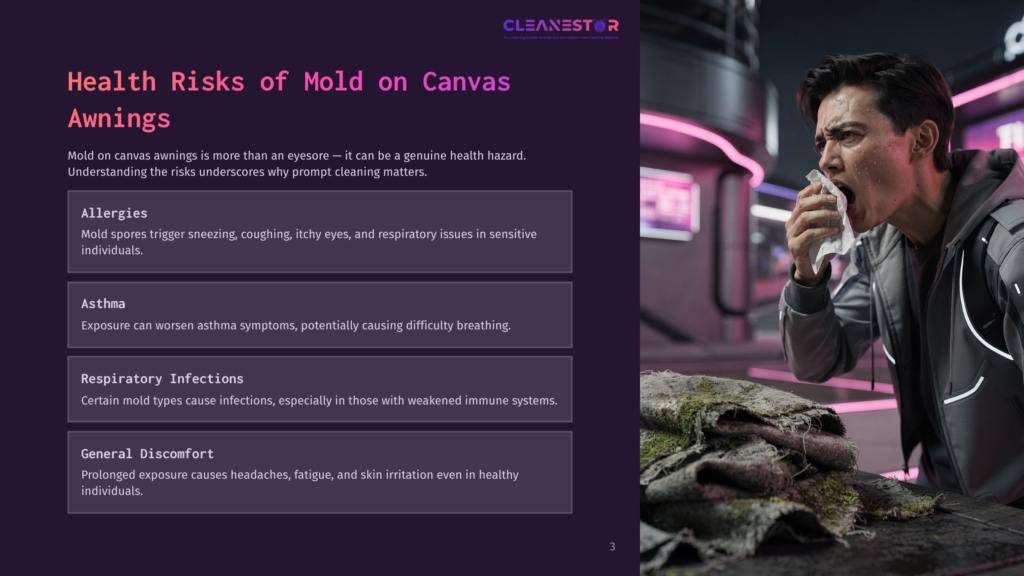 A Man With Dark Hair And A Gray Hoodie Sneezes Into A White Tissue, His Face Contorted In Discomfort, In Front Of A Dark Background With Purple Neon Lights And Text About &Quot;Health Risks Of Mold On Canvas Awnings.