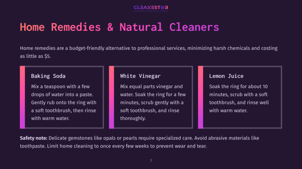 Graphic With Title &Quot;Home Remedies &Amp; Natural Cleaners&Quot; And Three Columns Detailing Cleaning Solutions: Baking Soda, White Vinegar, And Lemon Juice, With Instructions For Cleaning Jewelry.