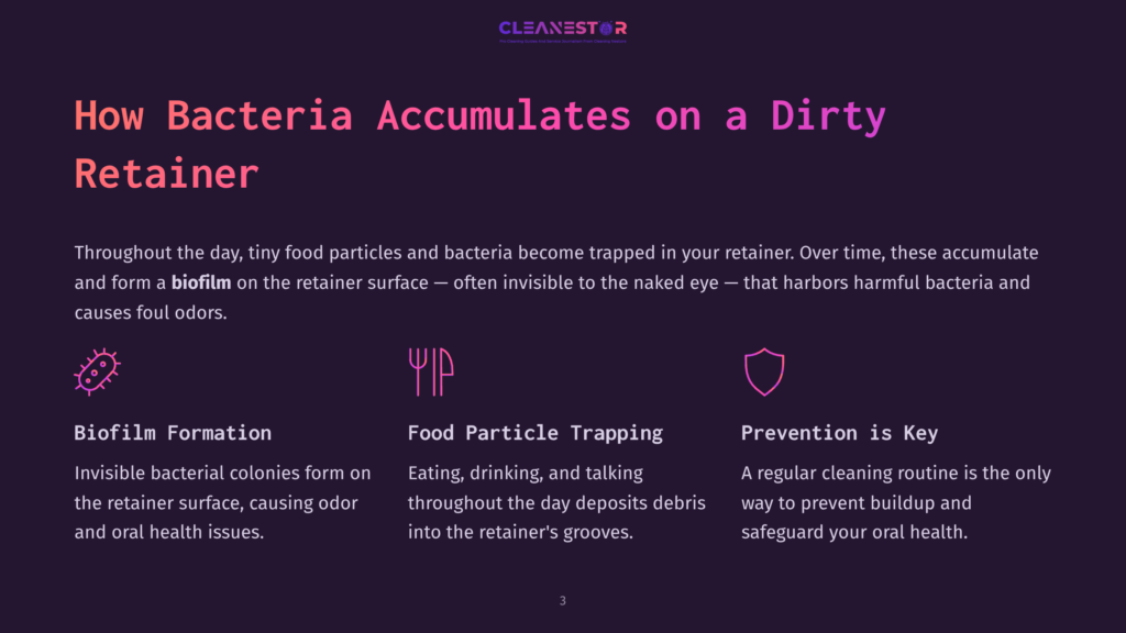 Dark Purple Background With The Text &Quot;Cleanestor&Quot; At The Top. The Main Text Reads &Quot;How Bacteria Accumulates On A Dirty Retainer&Quot;. Three Icons With Descriptions: Biofilm Formation, Food Particle Trapping, And Prevention Is Key.