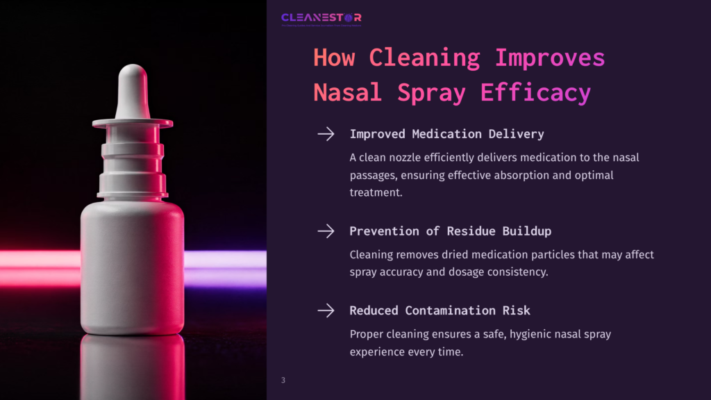 A White Nasal Spray Bottle With A Dropper Cap Is Centered Against A Dark Background With Pink And Purple Lighting, Conveying A Clean Aesthetic.