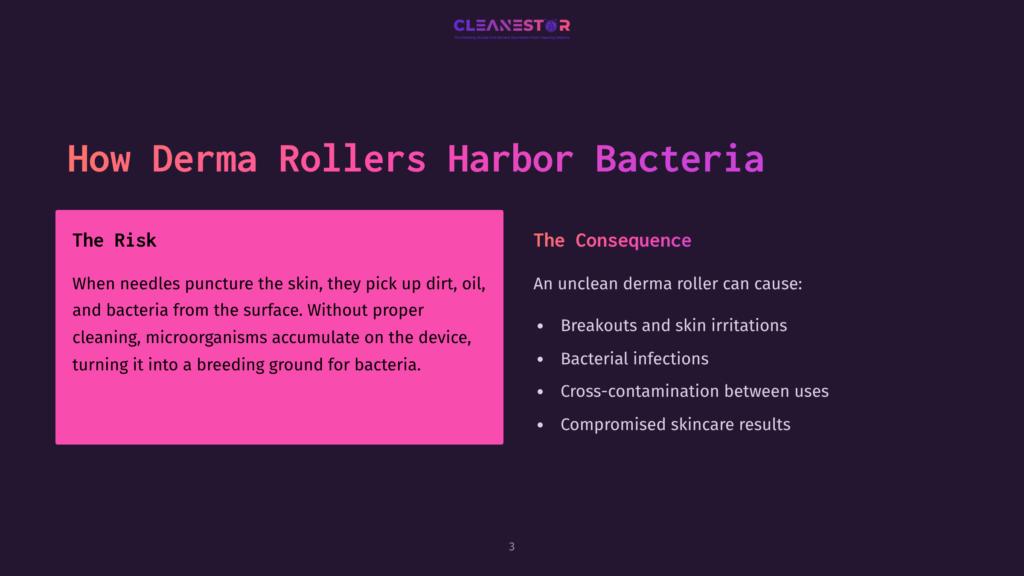 Text On A Dark Purple Background Highlights Risks Of Unclean Derma Rollers, Emphasizing Bacteria And Potential Skin Issues In Pink Boxes.