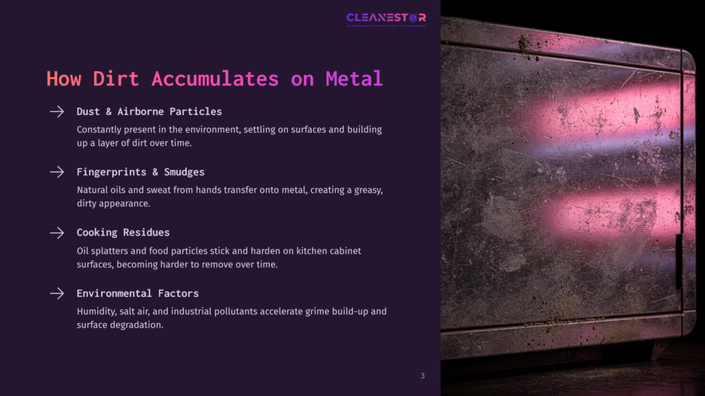 Metal Cabinet Surface Displaying Dust And Smudges With A Pinkish Light Reflection, Illustrating Surface Grime Accumulation.