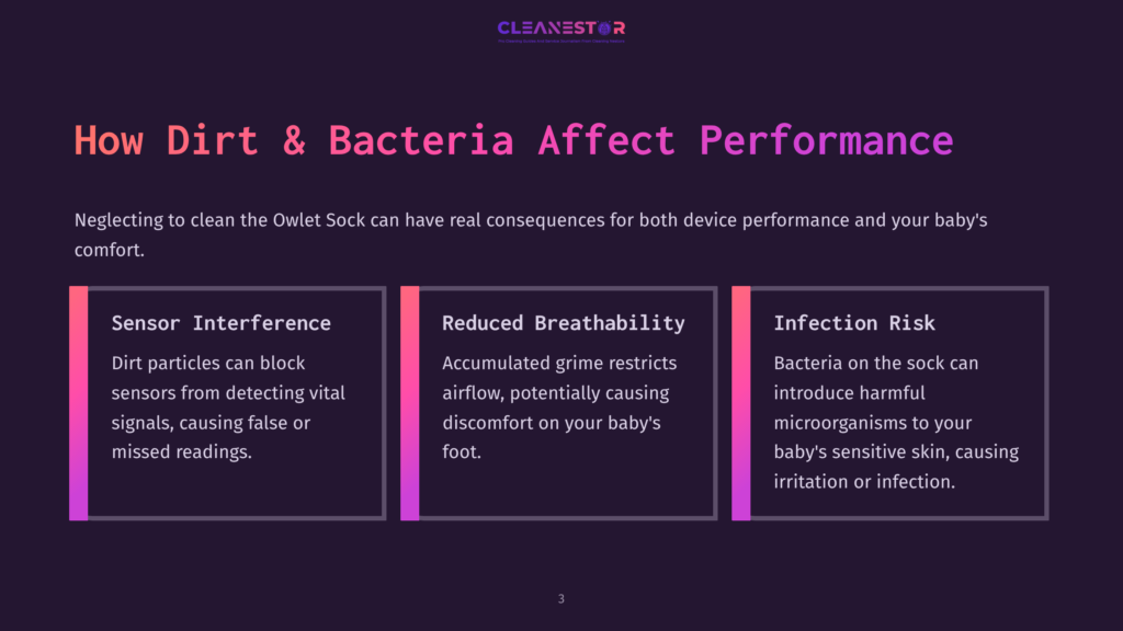 Text In Purple And Pink Blocks Outlines Issues Related To Sensor Interference, Reduced Breathability, And Infection Risk For An Owlet Sock.