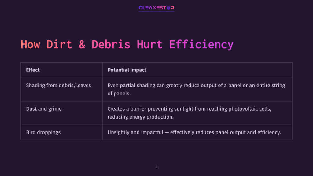 A Table Titled &Quot;How Dirt &Amp; Debris Hurt Efficiency&Quot; Details The Impact Of Shading, Dust, And Bird Droppings On Solar Panel Output.