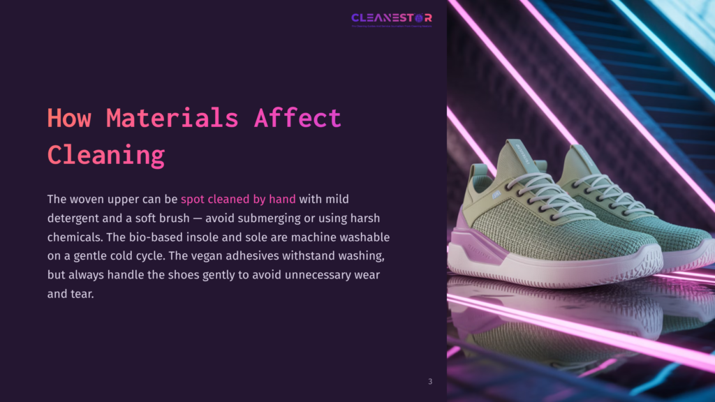 A Pair Of Light Green Rothy'S Shoes With A Woven Upper, Placed On A Reflective Surface With A Soft Brush And Detergent Nearby.