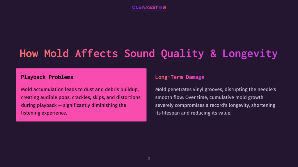 Slide With Dark Purple Background, Featuring Pink Text Highlighting Playback Problems And Long-Term Damage From Mold On Vinyl Records.