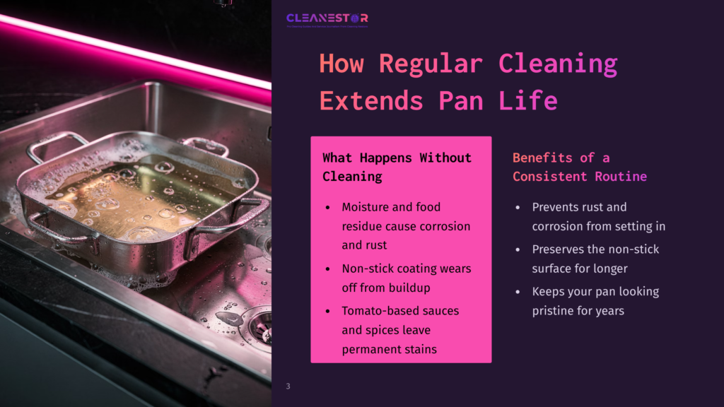 A Stainless Steel Roaster Pan Sitting In A Sink With Water, Reflecting Purple Neon Light, Highlighting The Importance Of Cleaning.
