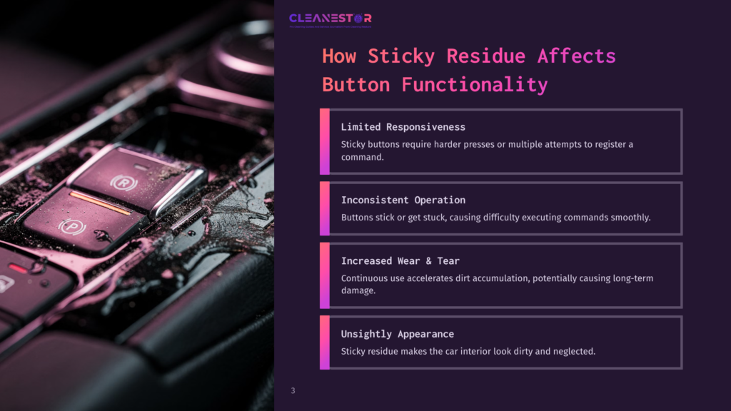 Close-Up Of A Car Console With Sticky Buttons, Showing Residue Buildup And Highlighting Issues Like Reduced Functionality And Appearance.