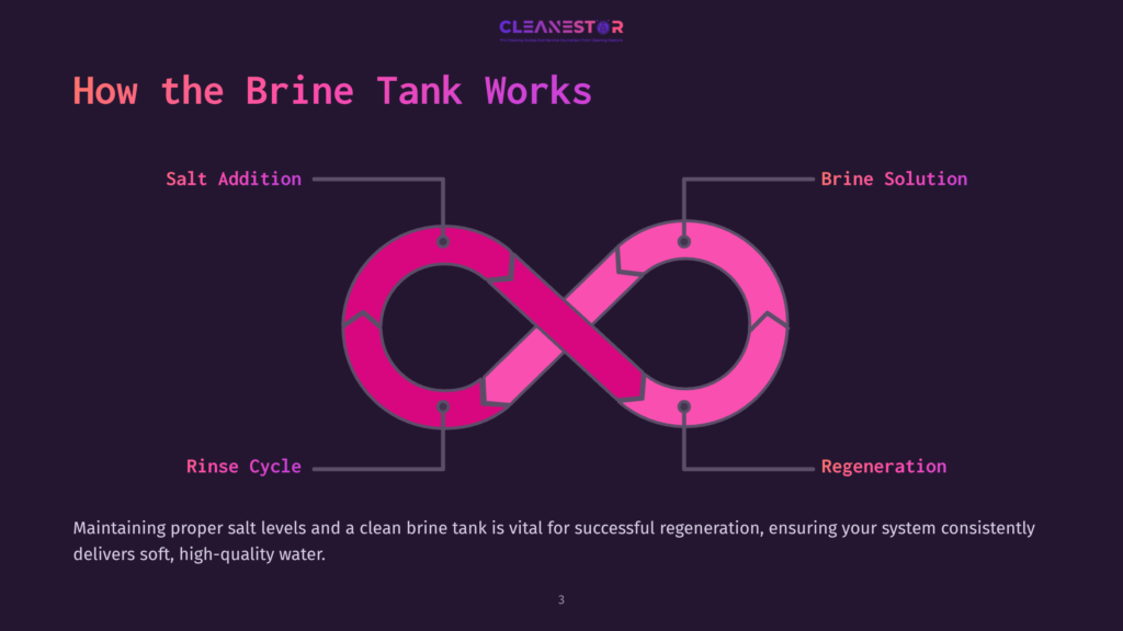 Diagram Illustrating The Brine Tank Cycle With Four Key Stages: Salt Addition, Brine Solution, Regeneration, And Rinse Cycle, Forming An Infinity Loop. Text Reads &Quot;How The Brine Tank Works&Quot; And &Quot;Cleanestor&Quot;.