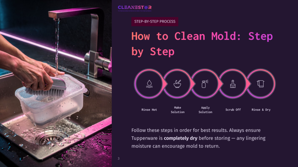 Step-By-Step Process To Clean Mold From Tupperware: Rinse Hot, Make Solution, Apply Solution, Scrub Off, Rinse &Amp; Dry. Text Overlay: &Quot;How To Clean Mold: Step By Step.