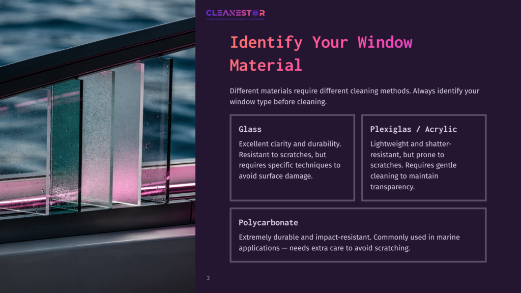 3 Identify Your Window Material Close-Up Of Layered Glass And Acrylic Window Materials, Showcasing Their Transparency And Texture. Text Overlay Reads &Quot;Cleanestor&Quot; And &Quot;Identify Your Window Material.