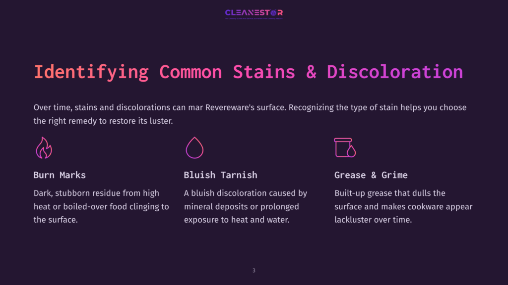 Identifying Common Stains And Discoloration On Cookware: Burn Marks, Bluish Tarnish, And Grease &Amp; Grime Are Explained With Icons And Descriptions.