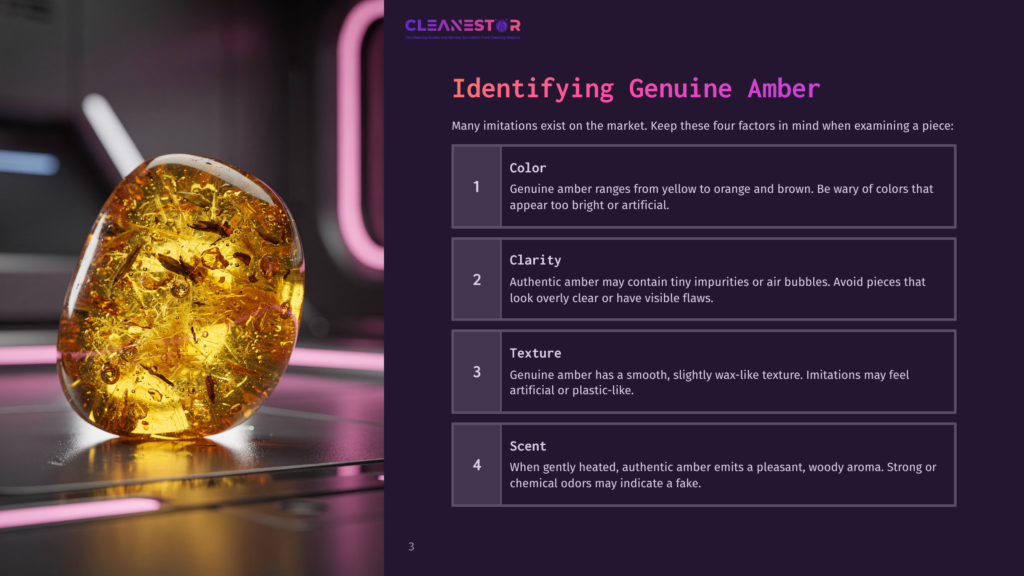 A Polished Piece Of Amber With A Smooth Texture And Golden Hues Sits On A Reflective Surface, Surrounded By Text About Identifying Genuine Amber.