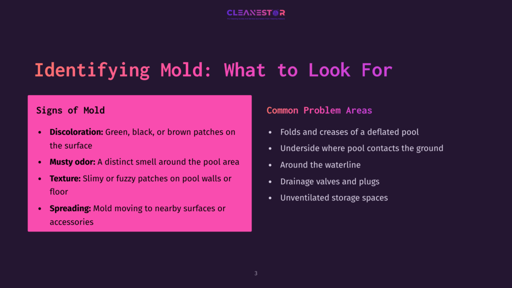 3 Identifying Mold What To Look For Slide Titled &Quot;Identifying Mold: What To Look For&Quot; With Sections On &Quot;Signs Of Mold&Quot; (Discoloration, Musty Odor, Texture, Spreading) And &Quot;Common Problem Areas&Quot; (Folds, Underside, Waterline, Drainage Valves, Unventilated Spaces).