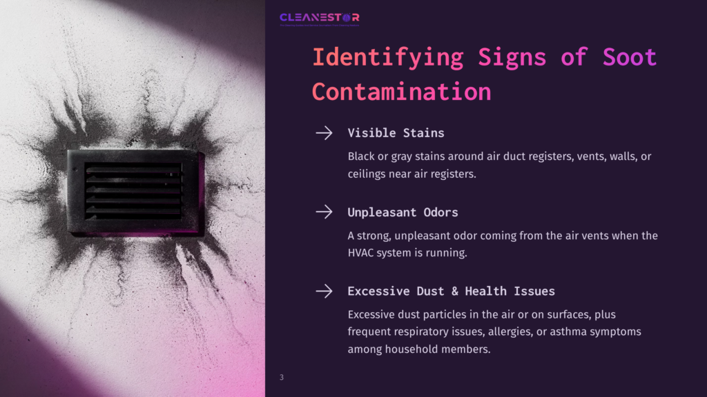 A Vent Stained With Black Soot, Surrounded By Discoloration, Accompanied By Bullet Points Highlighting Signs Of Soot Contamination.