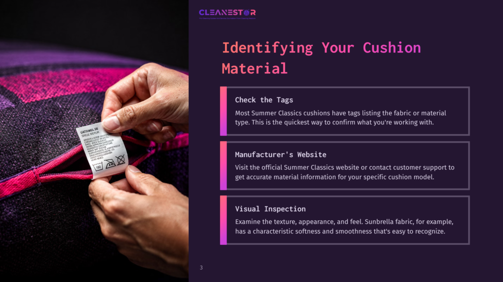 Close-Up Of A Hand Holding A Fabric Care Tag On A Pink And Purple Striped Cushion, Showing Washing Instructions And The Text &Quot;Cleanestor&Quot;.