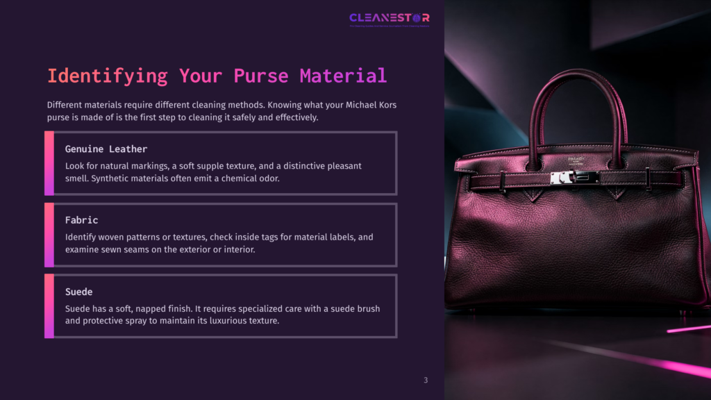 A Dark Purple, Pebbled Leather Handbag With Gold Hardware Sits On A Dark Surface, With Text Overlay Detailing How To Identify Purse Materials Like Genuine Leather, Fabric, And Suede For Cleaning.