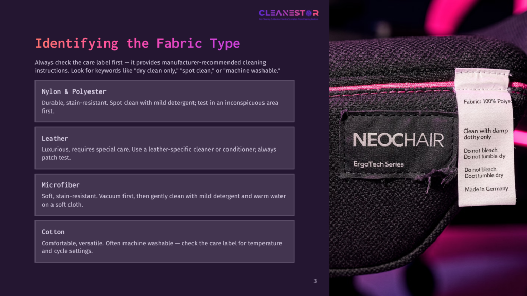 A Close-Up Of A Chair Cushion Tag Showing Fabric Types: Nylon &Amp; Polyester, Leather, Microfiber, And Cotton, With Care Instructions.