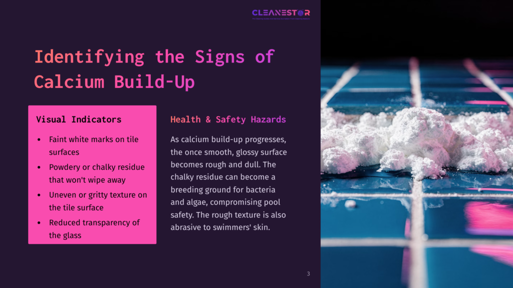 A Bright Blue Pool Tile With White Calcium Residue, Alongside A Pink And Purple Background Outlining Health And Safety Hazards.