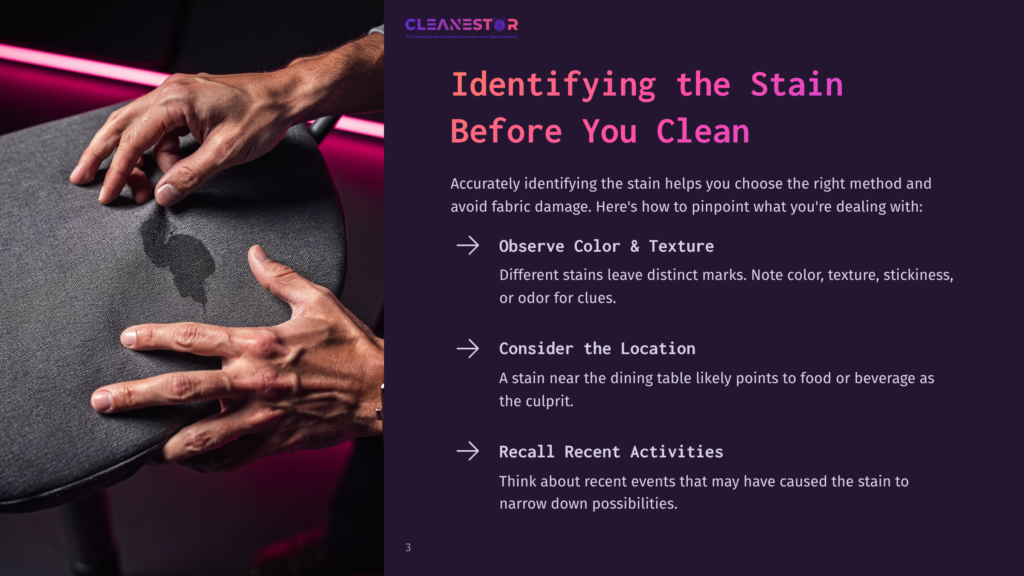 3 Identifying The Stain Before You Clean Close-Up Of Hands Touching A Dark Fabric Chair With A Wet Stain. Text Overlay: &Quot;Identifying The Stain Before You Clean.