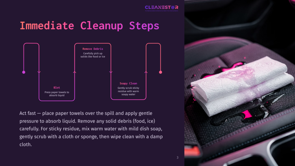 Paper Towels Are Placed On A Car Seat, Soaked With A Spilled Drink. A Cloth And Soapy Water Are Shown As Part Of The Cleanup Process.