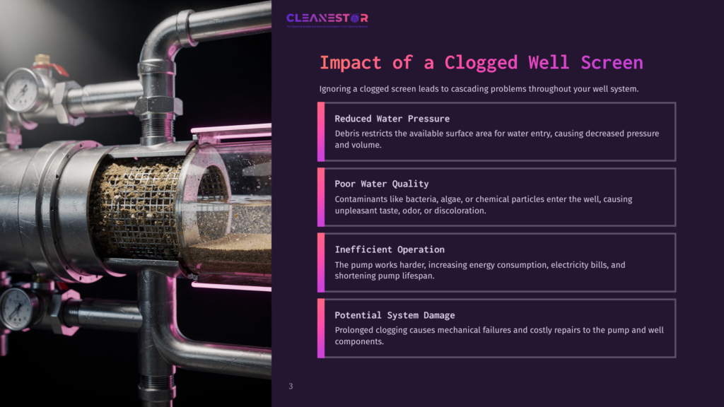 A Close-Up Of A Clogged Well Screen Showing Debris Filtration, With Highlighted Text Boxes Outlining Issues Like Reduced Water Pressure And Poor Water Quality.