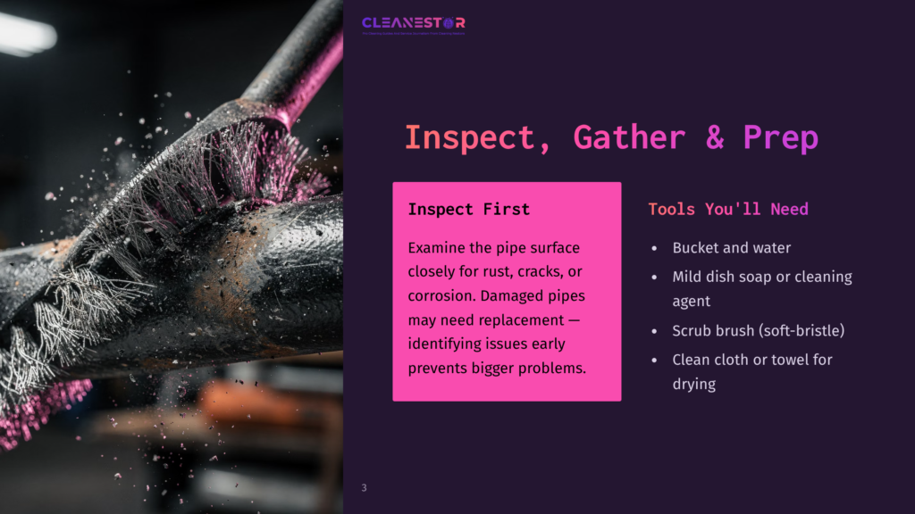 A Close-Up Of A Black Pipe Being Cleaned With A Scrub Brush, Along With A List Of Tools Needed, Set Against A Dark Background.