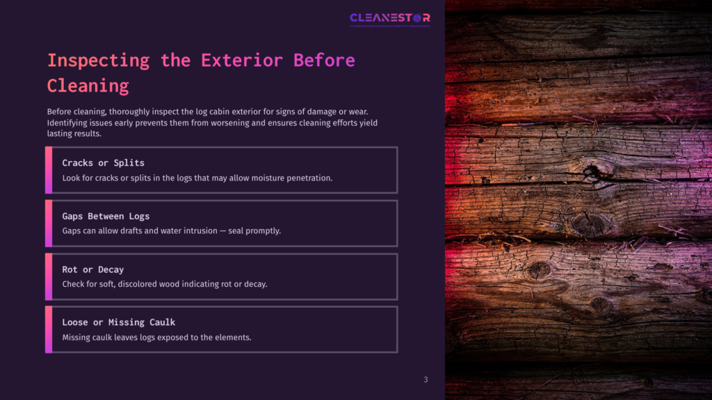 3 Inspecting The Exterior Before Cleaning A Dark, Textured Wooden Log Cabin Exterior With Purple And Pink Lighting. Text Overlays Provide Guidance On Inspecting Exterior Cleaning, Including Sections On Cracks, Gaps, Rot, And Loose Caulking.