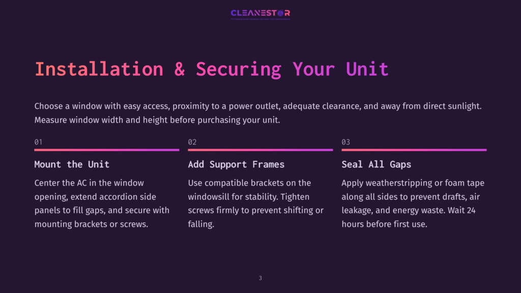 Installation &Amp; Securing Your Unit: Step-By-Step Guide For Mounting An Ac Unit, Including Centering It, Adding Support Frames, And Sealing Gaps With Weatherstripping.