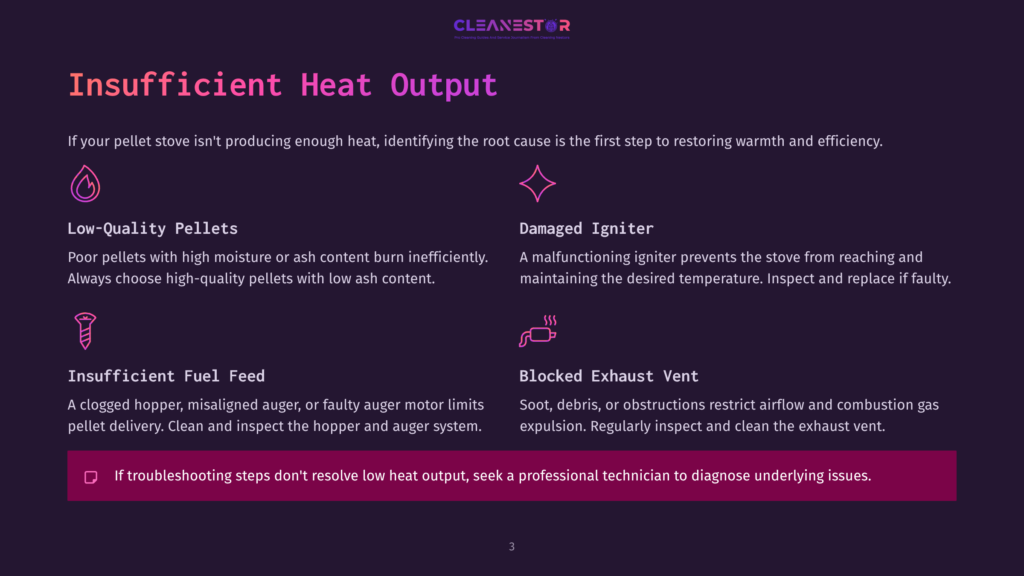 3 Insufficient Heat Output Infographic Titled &Quot;Insufficient Heat Output&Quot; From Cleanestor, Detailing Common Pellet Stove Issues Like Low-Quality Pellets, Damaged Igniter, Insufficient Fuel Feed, And Blocked Exhaust Vent.
